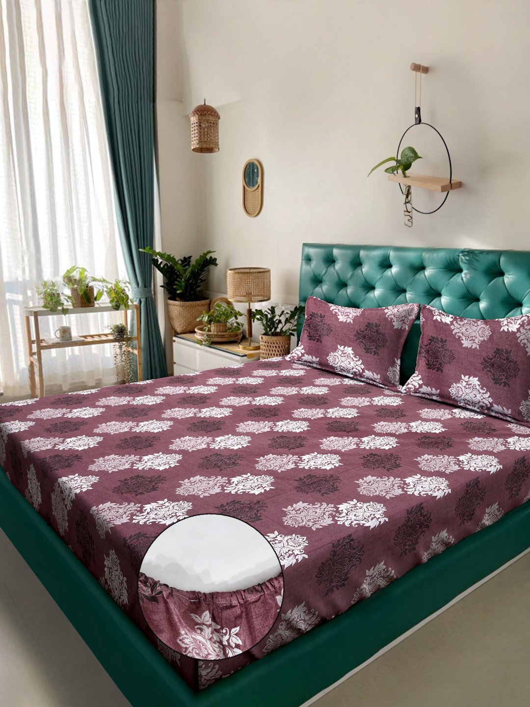Maroon Floral 400 TC Pure Cotton Fitted Double Bedsheet with 2 Pillow Covers