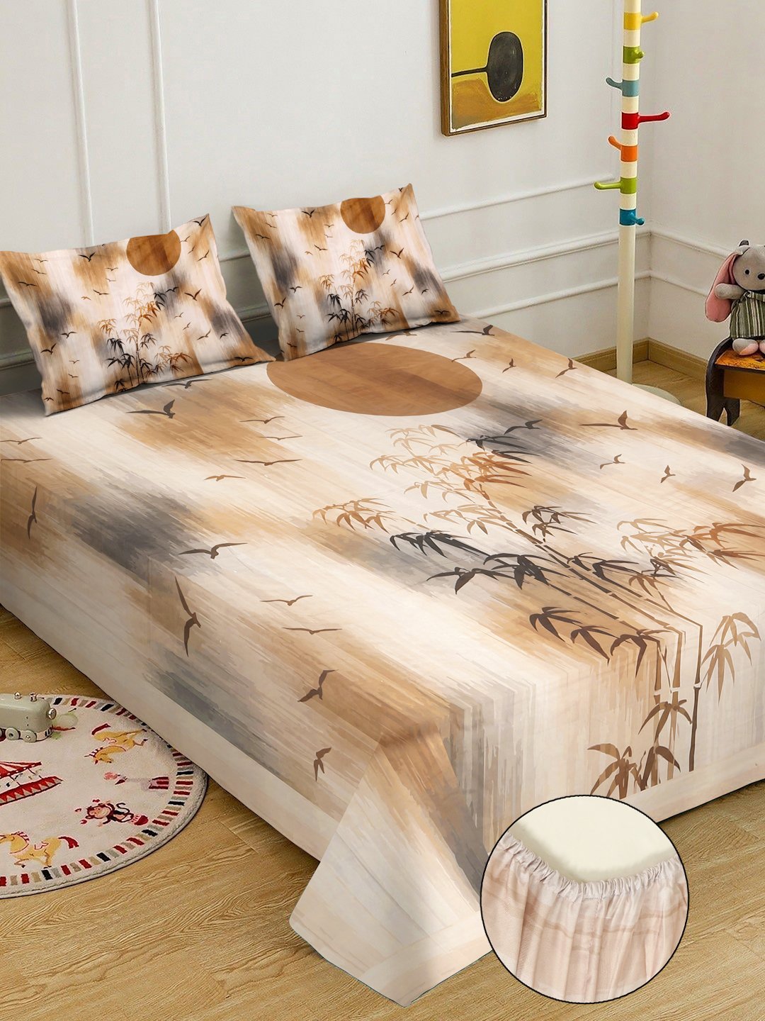 Beige Digital Floral Printed Fitted Cotton Blend Double Bedsheet with 2 Pillow Covers