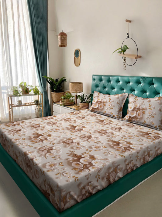 Cream Floral 7D King Size Cotton Blend Double Bedsheet with 2 Pillow Covers