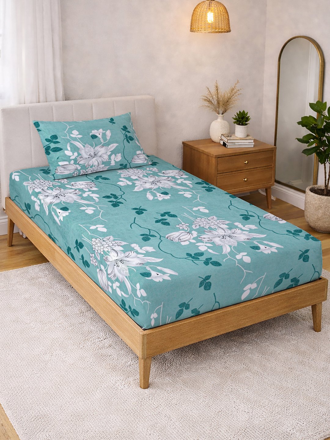 Green Floral Cotton Blend Single Bedsheet with Pillow Cover