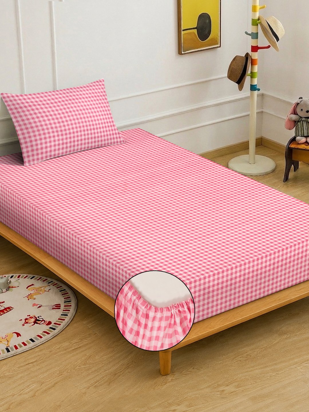 Red Checked Cotton Blend Fitted Single Bedsheet with Pillow Cover
