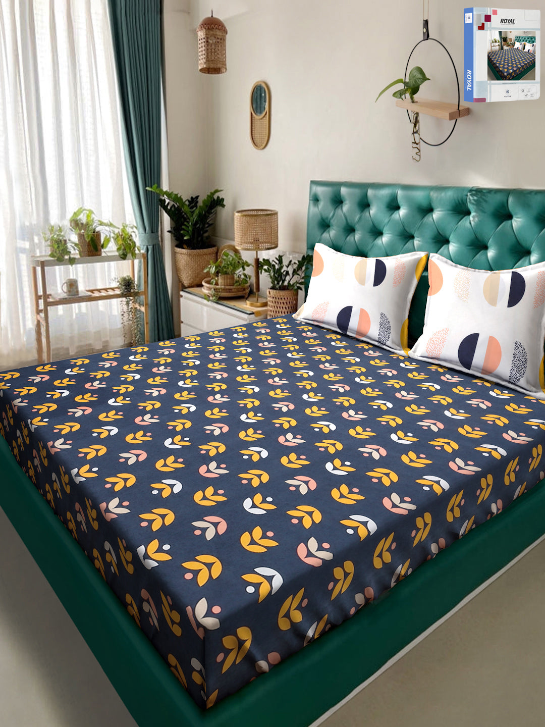 Klotthe Blue Floral 300 TC Cotton Blend Double Bedsheet in Book Fold Packing