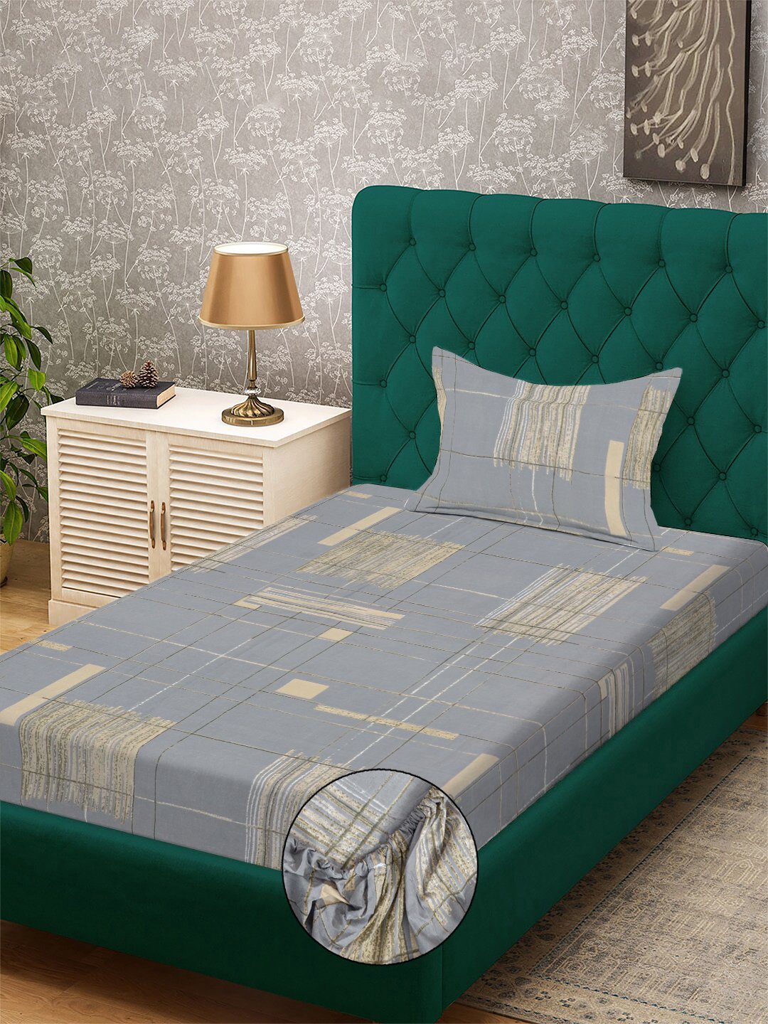 Grey Geometric 300 TC Cotton Blend Fitted Single Bedsheet with Pillow Cover