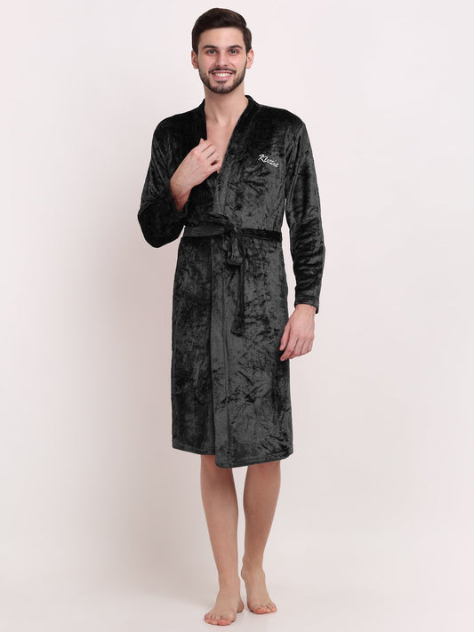 Men Black Solid Wool Bath Robe With Belt