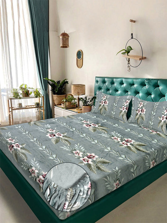 Green Floral Fitted Woolen Fitted Double Bedsheet with 2 Pillow Covers
