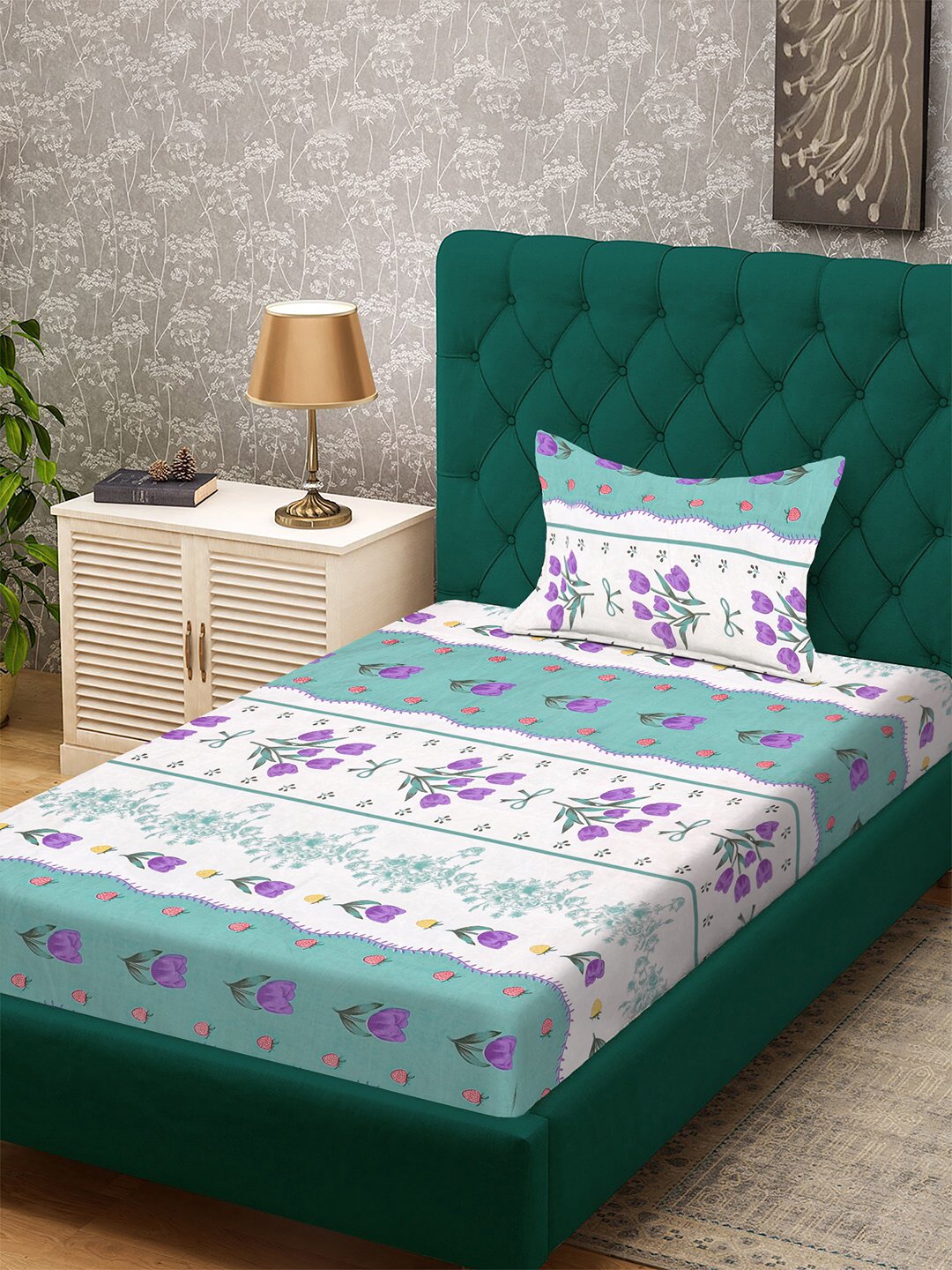 Green Floral 300 TC Cotton Blend Single Bedsheet with Pillow Cover