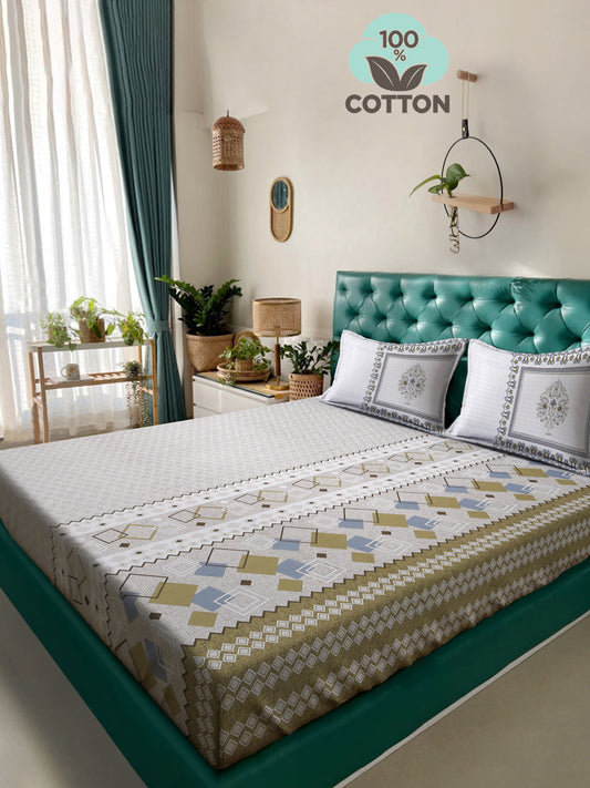 Klotthe Grey Geometric 400 TC Pure Cotton Super King Double Bedsheet with 2 Pillow covers