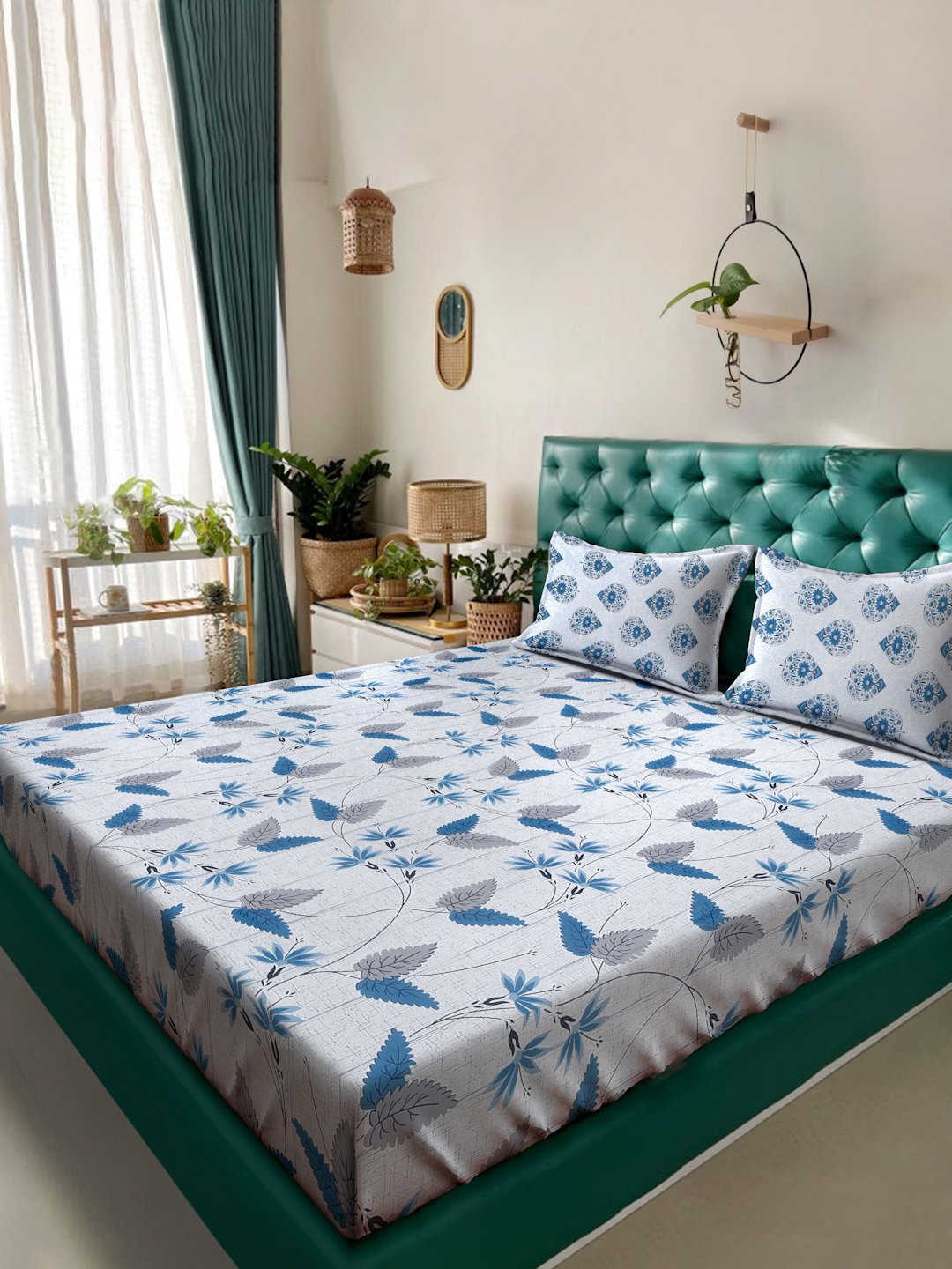 Blue Floral 400 TC Pure Cotton Double Bedsheet with 2 Pillow Covers