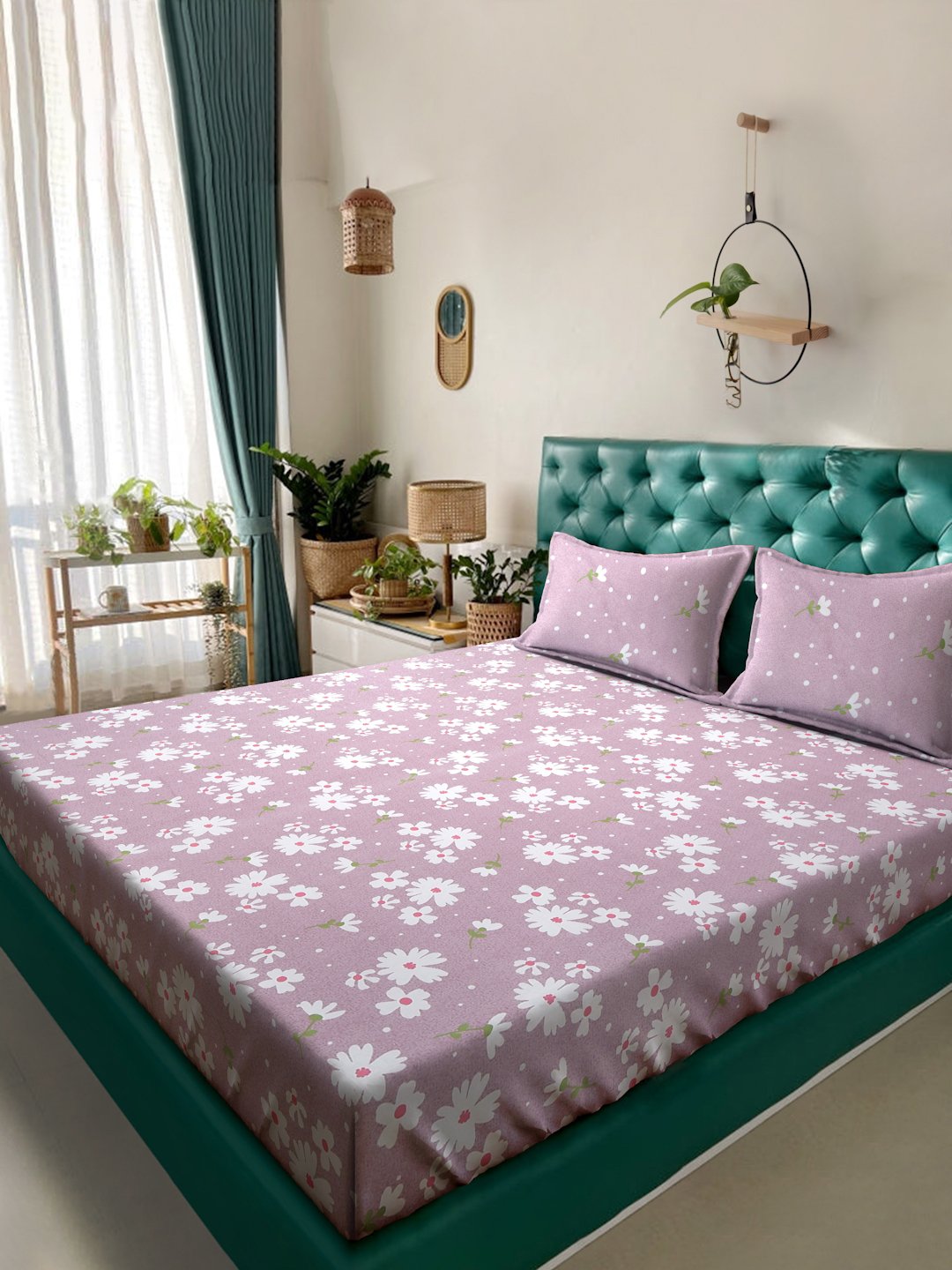 Purple Floral 300 TC Cotton Blend Double Bedsheet in Book Fold Packing