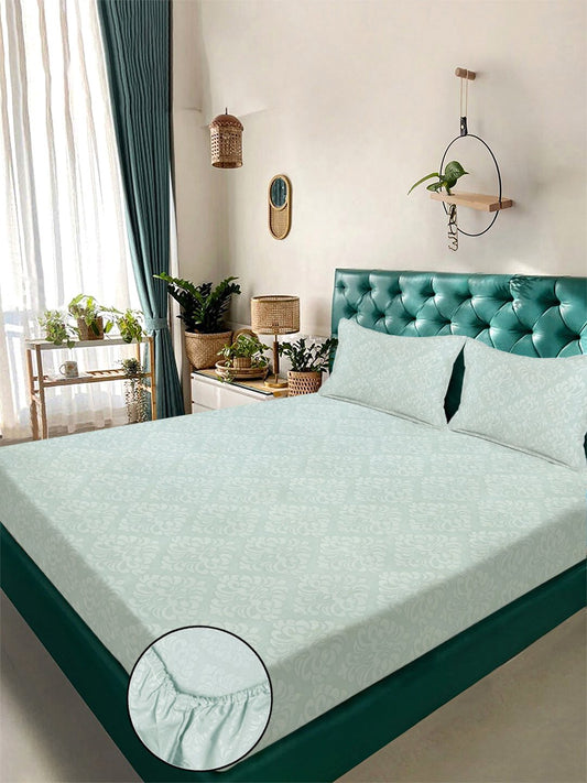 Green Floral Embossed Cotton Blend Fitted Double Bedsheet with 2 Pillow Covers