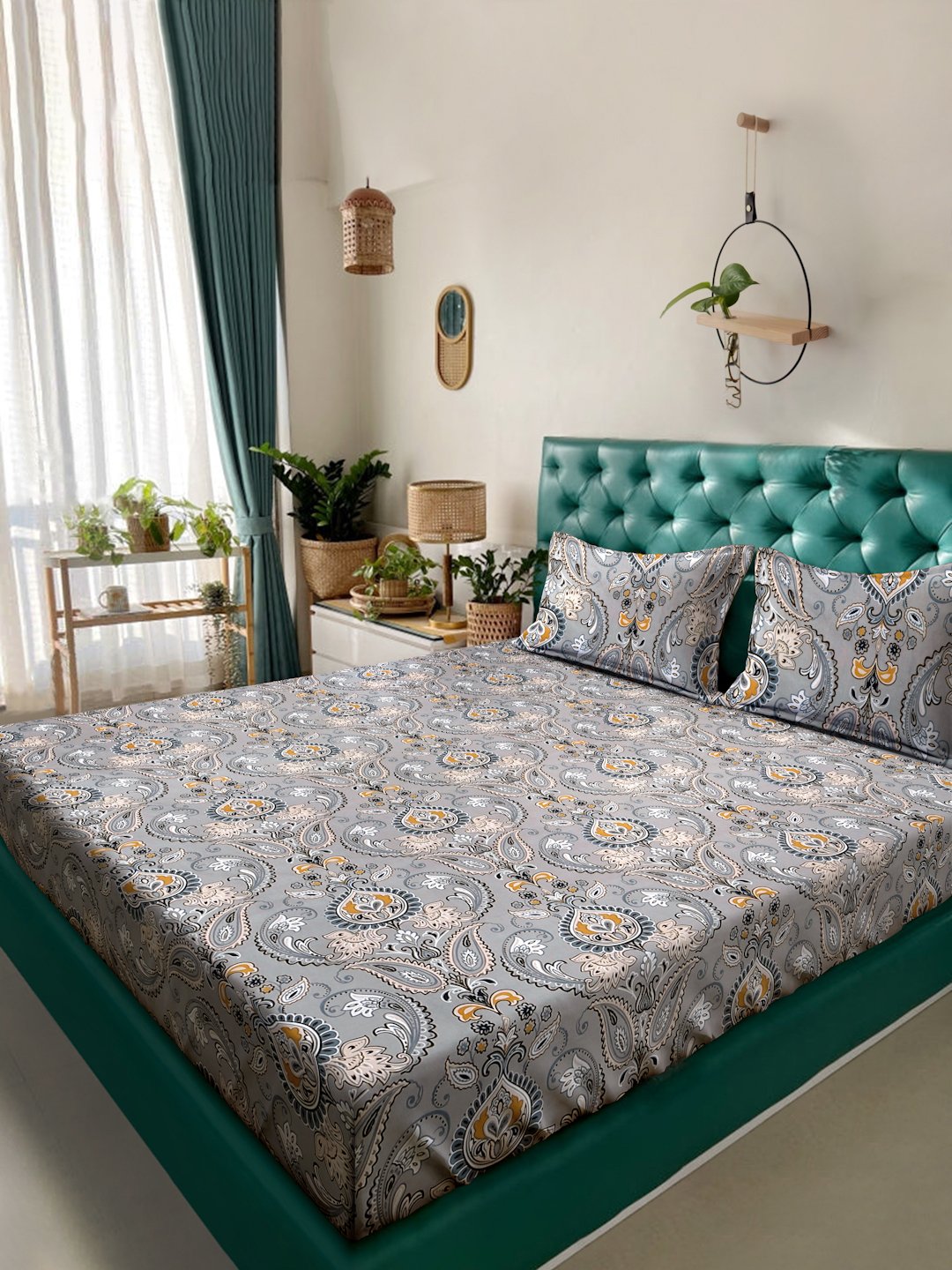 Grey Ethnic Motifs 300 TC Cotton Blend Super King Double Bedsheet in Book Fold Packing