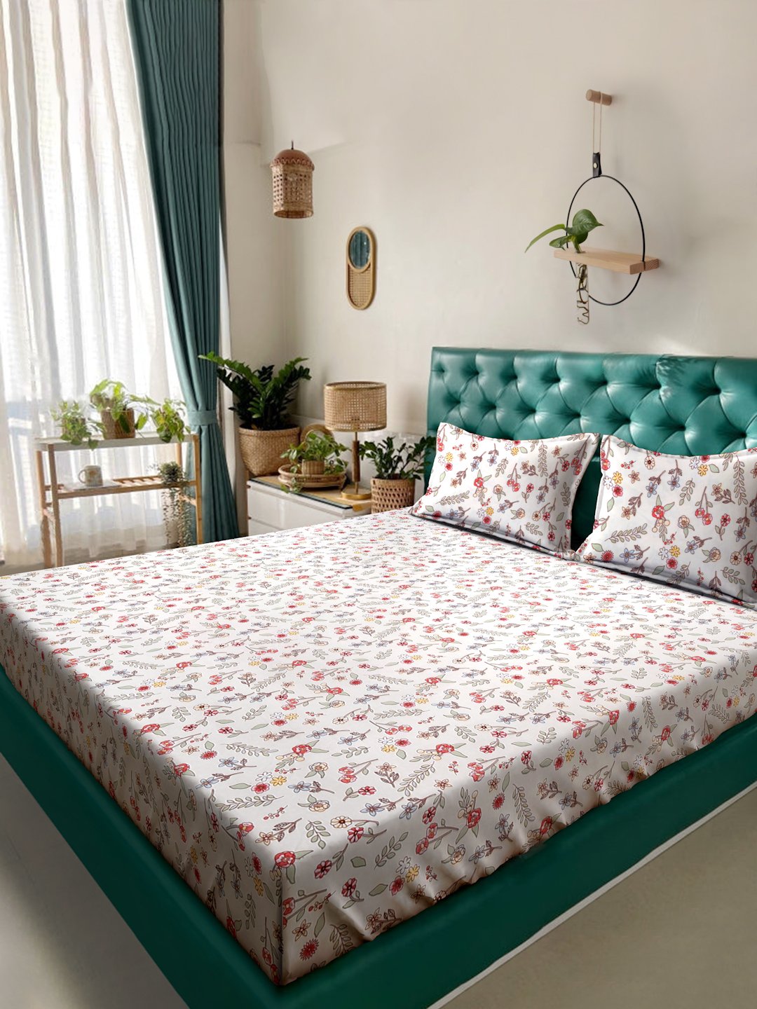 Off White Floral 300 TC Cotton Blend Super King Double Bedsheet with 2 Pillow covers