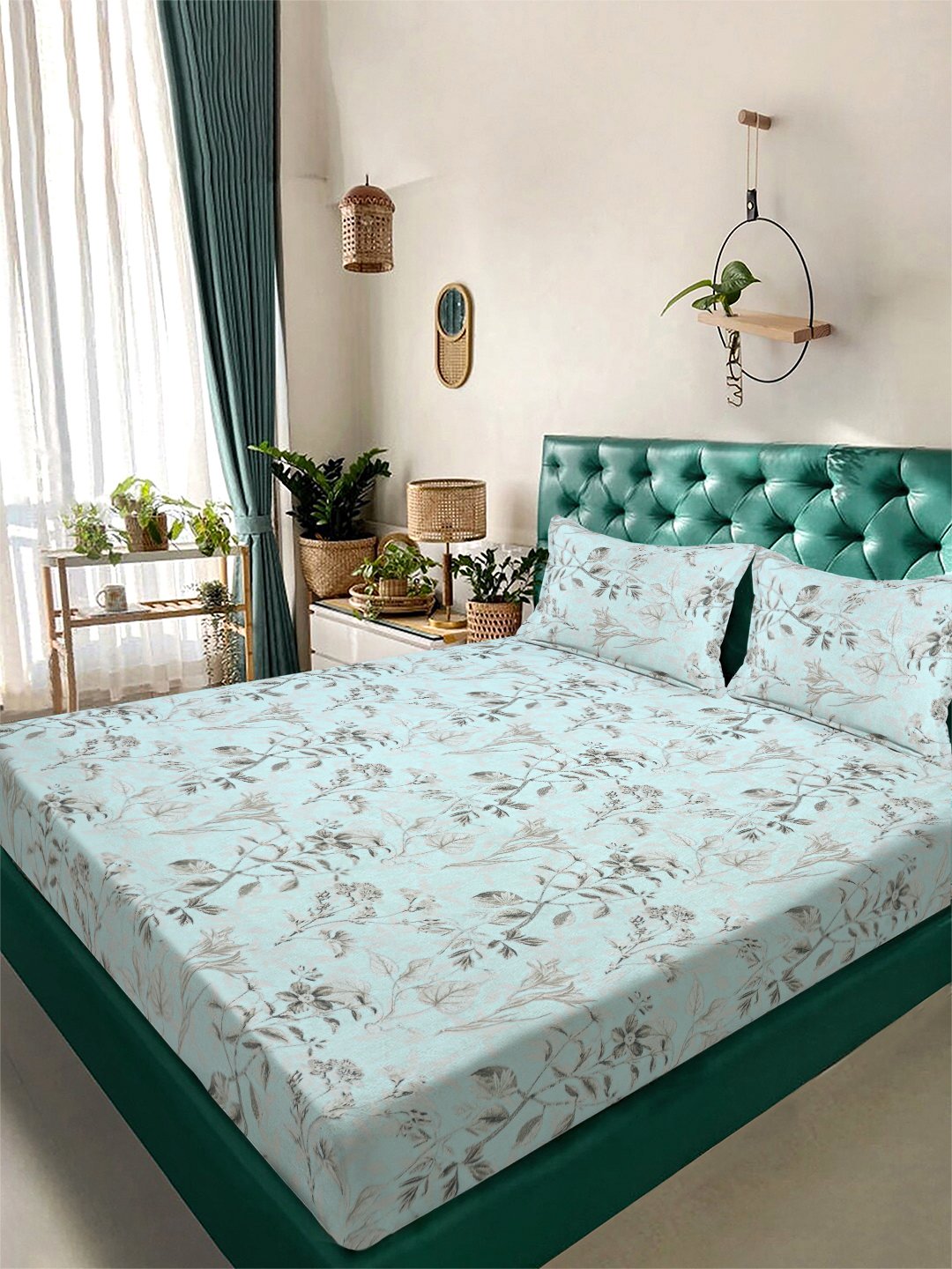 Green Floral 300 TC Cotton Blend Double Bedsheet with 2 Pillow Covers