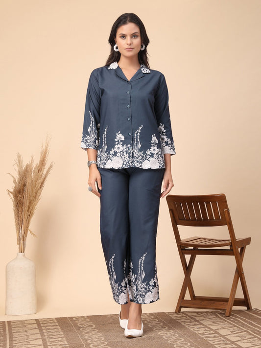 Blue Cotton Printed Shirt With Trousers Co-Ords Set