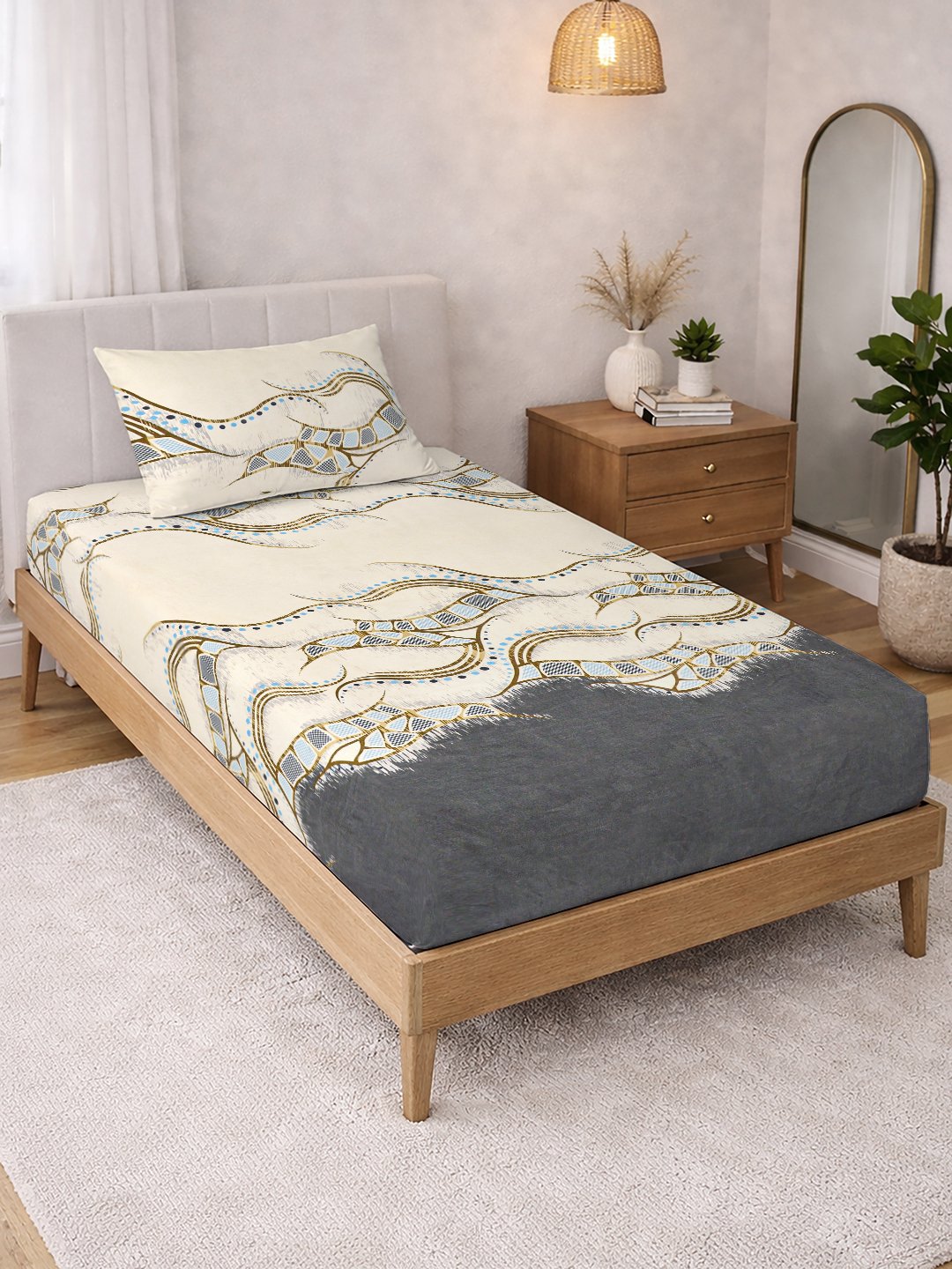 Cream Abstract Cotton Blend Single Bedsheet with Pillow Cover