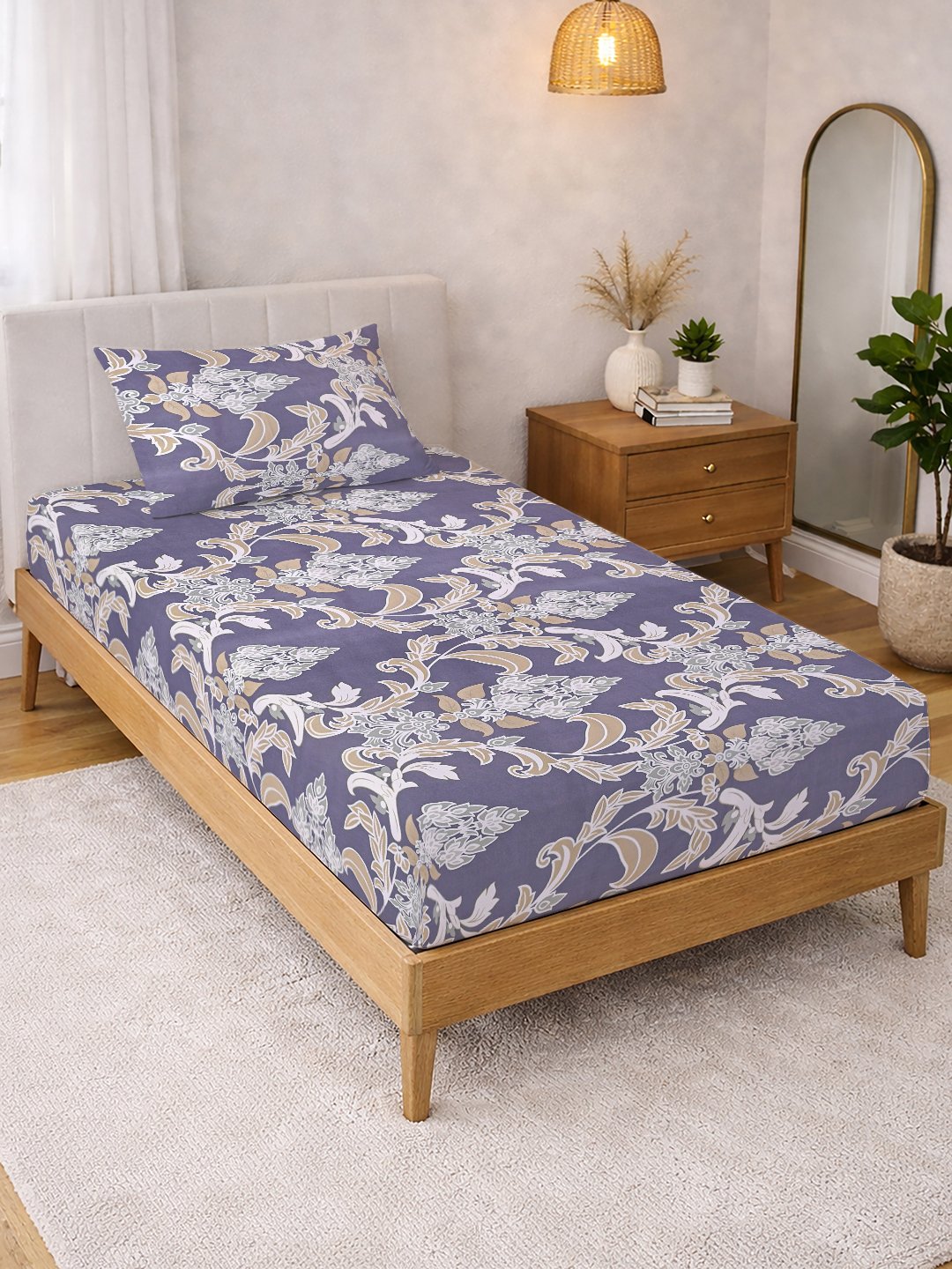Purple Floral Cotton Blend Single Bedsheet with Pillow Cover
