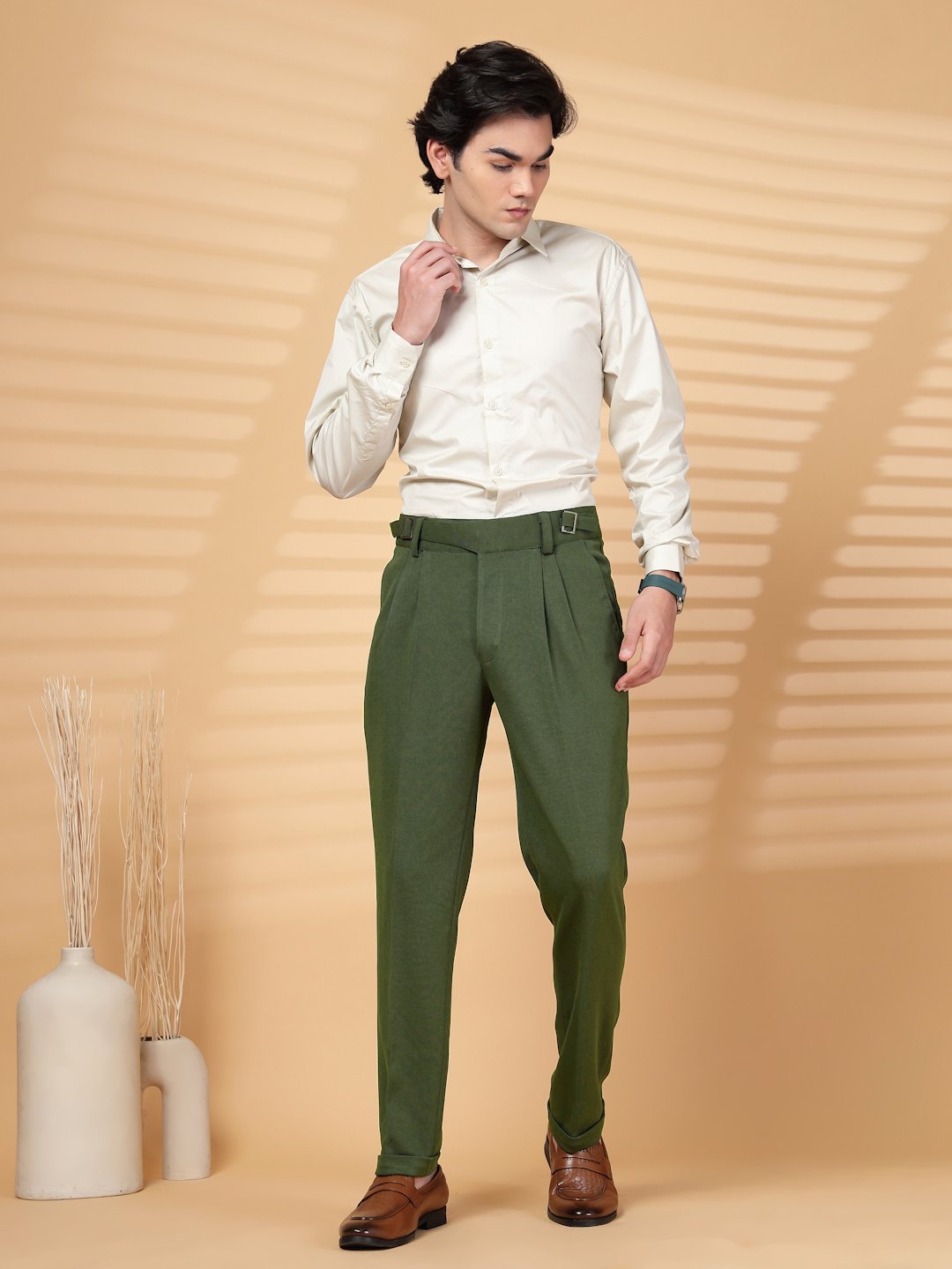 Olive Lycra Cotton Solid Smart Fit Formal Trouser