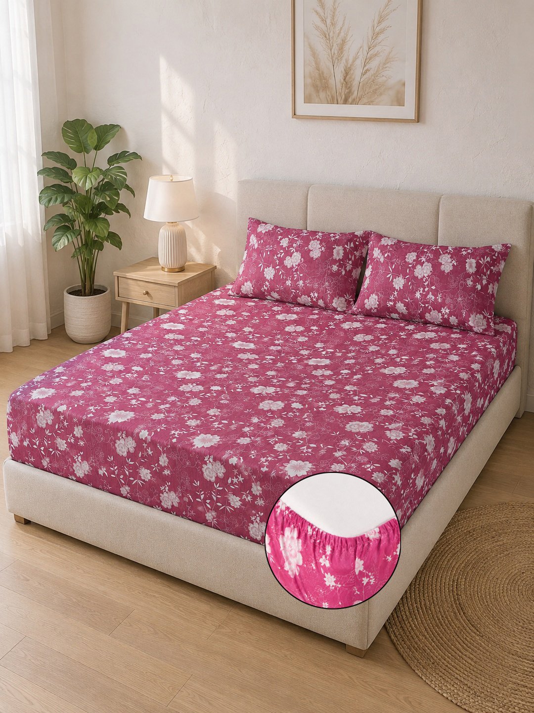 Pink Floral Cotton Blend Fitted Double Bedsheet with 2 Pillow Covers