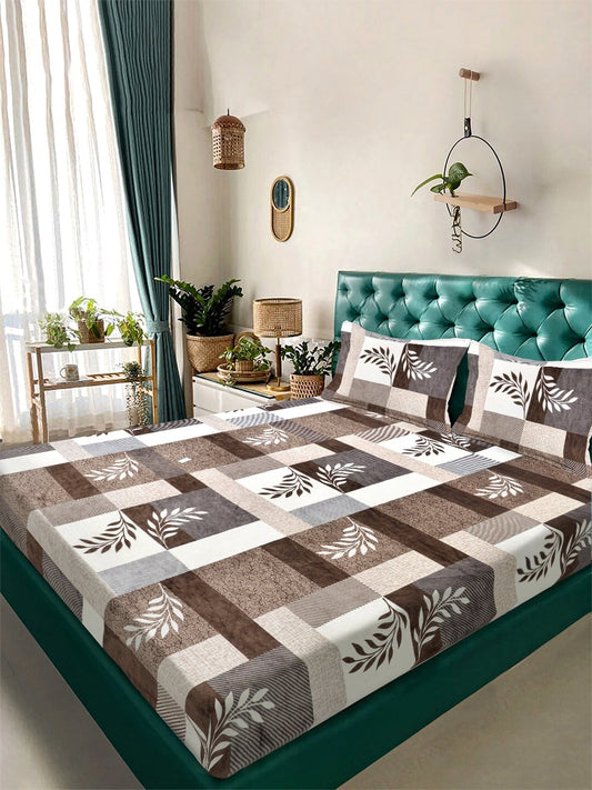 Brown Floral Super King Woolen Double Bedsheet with 2 Pillow Covers