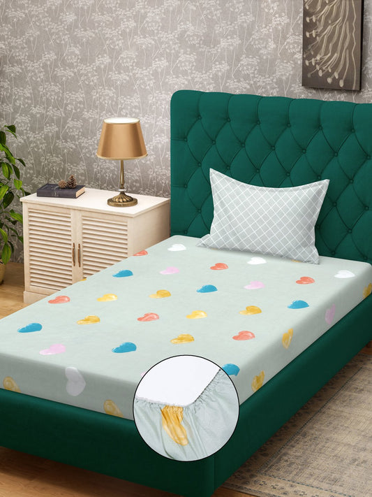 Green Abstract 300 TC Cotton Blend Fitted Single Bedsheet with Pillow Cover