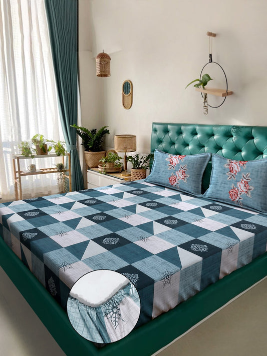 Blue Geometric 400 TC Pure Cotton Super King Fitted Double Bedsheet with 2 Pillow Covers