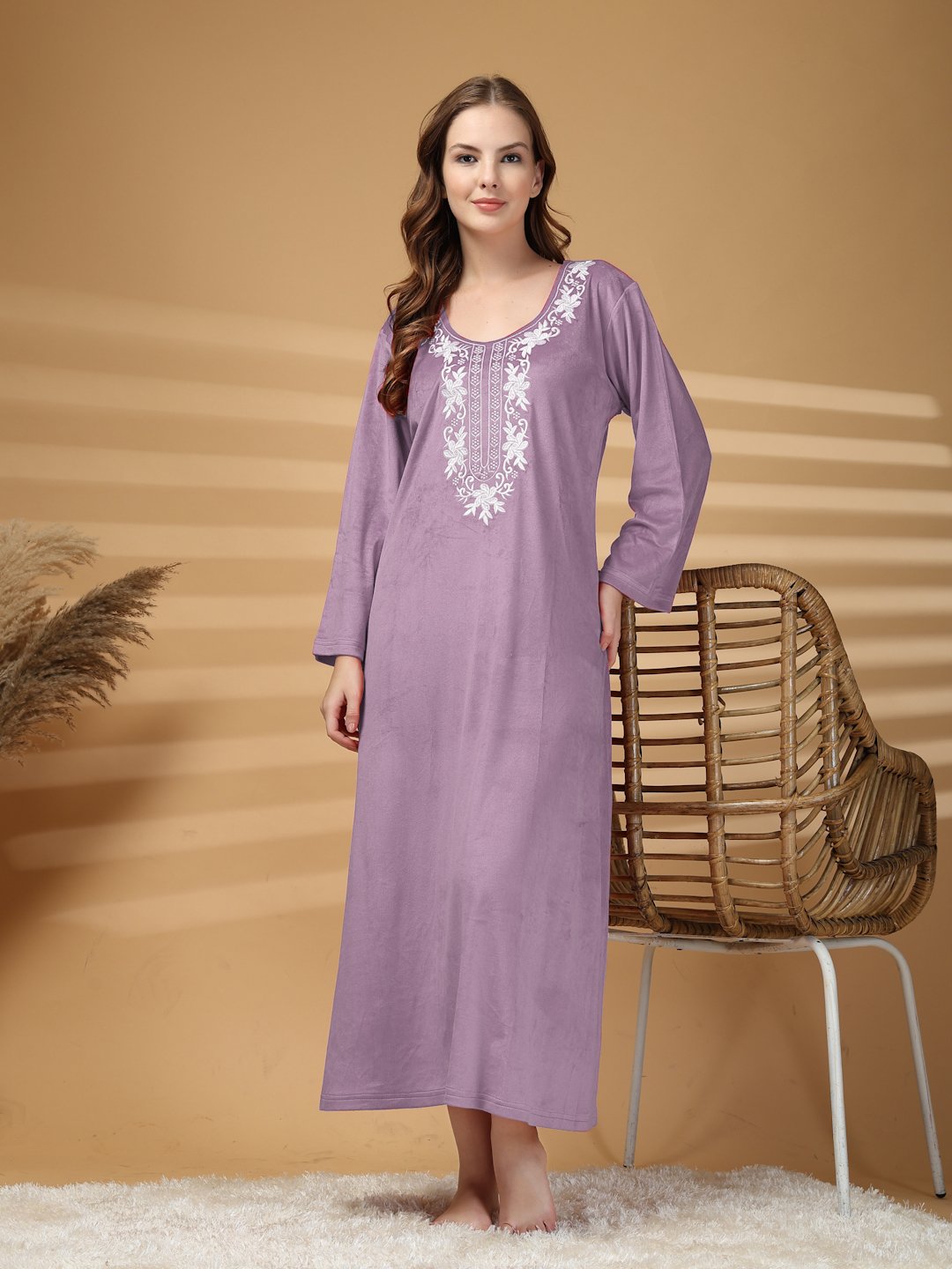 Klotthe Purple Solid Soft touch Velvet Maxi Nightdress