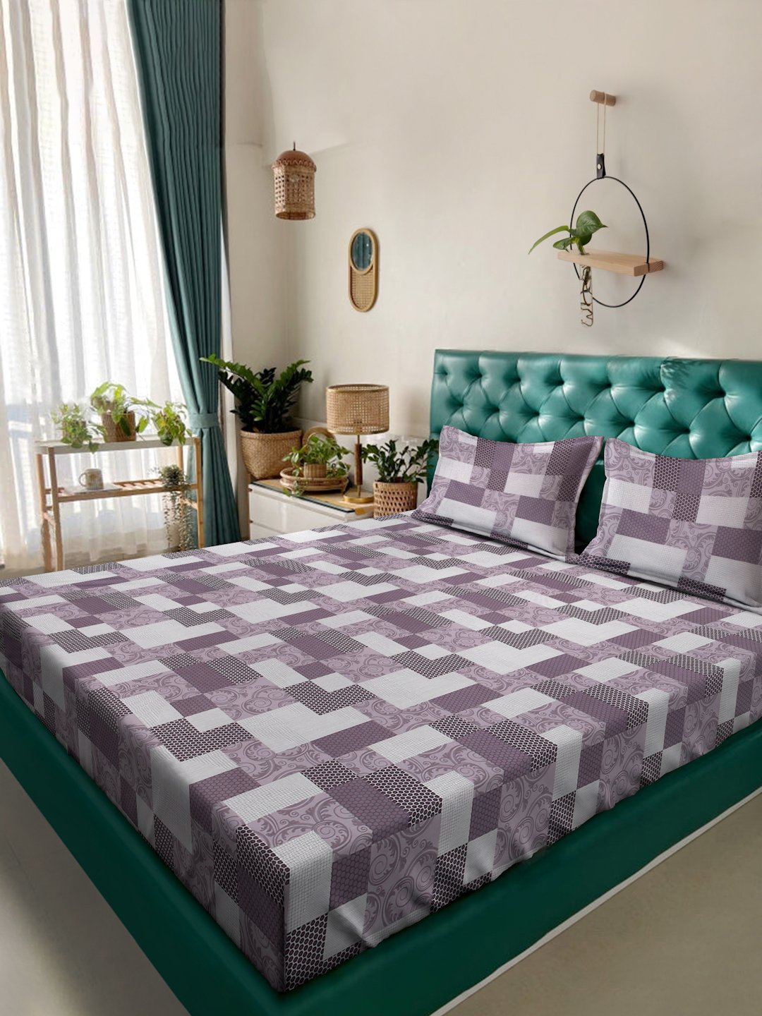 Purple Geometric 400 TC Pure Cotton Double Bedsheet with 2 Pillow Covers