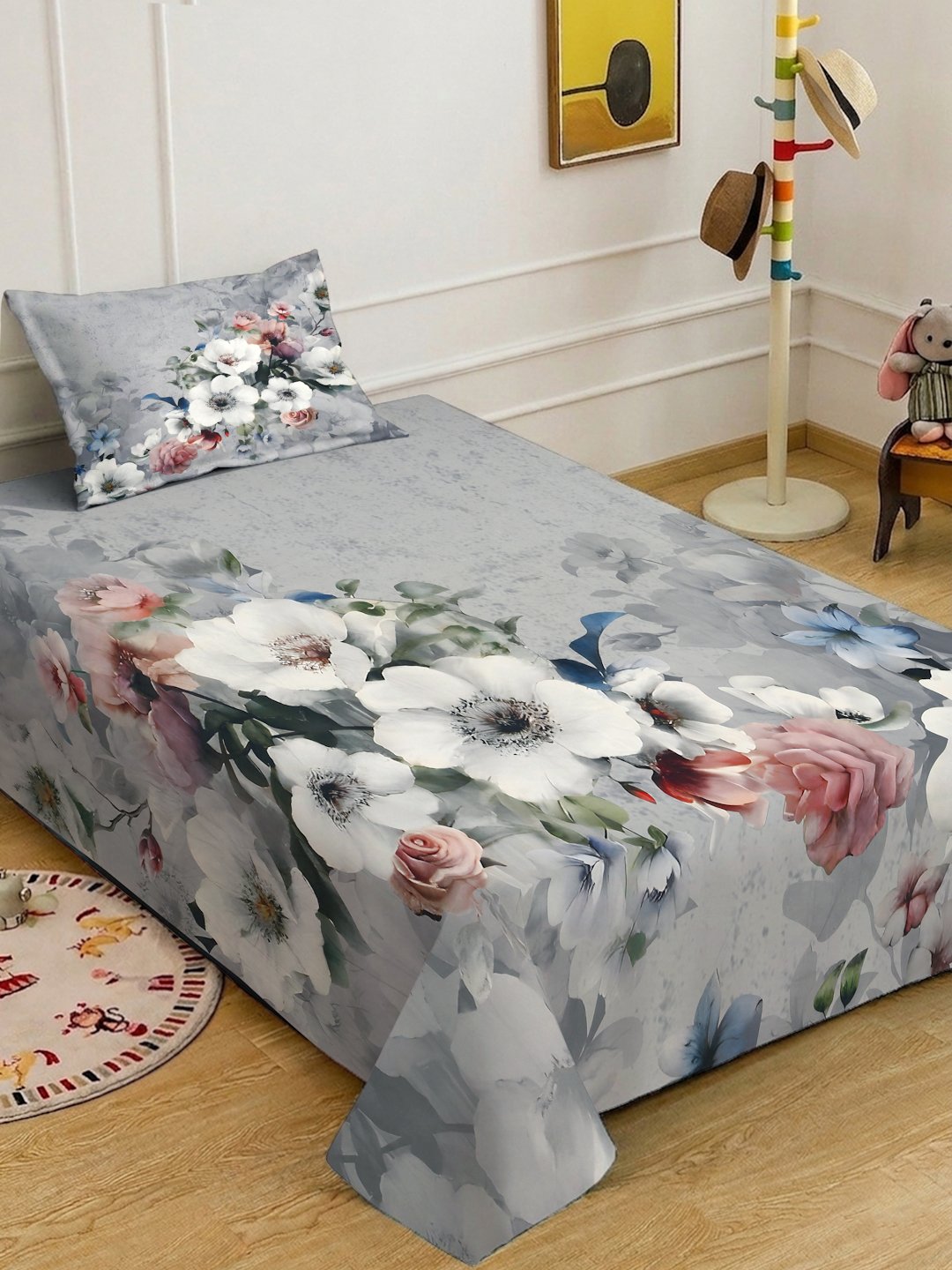 Grey Digital Floral Printed Cotton Blend Single Bedsheet with Pillow Cover