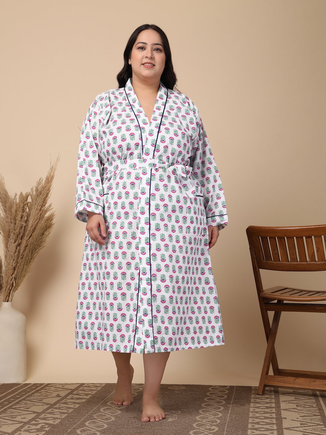 Women Printed White Floral Plus Size Pure Cotton Bath Robe With Belt