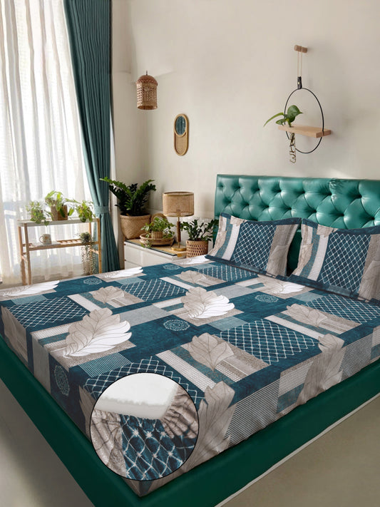 Klotthe Turquoise Floral Woolen Fitted Double Bed Sheet with 2 Pillow Covers