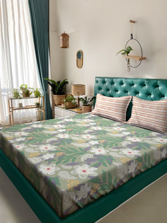 Green Floral 300 TC Cotton Blend Double Bedsheet in Book Fold Packing