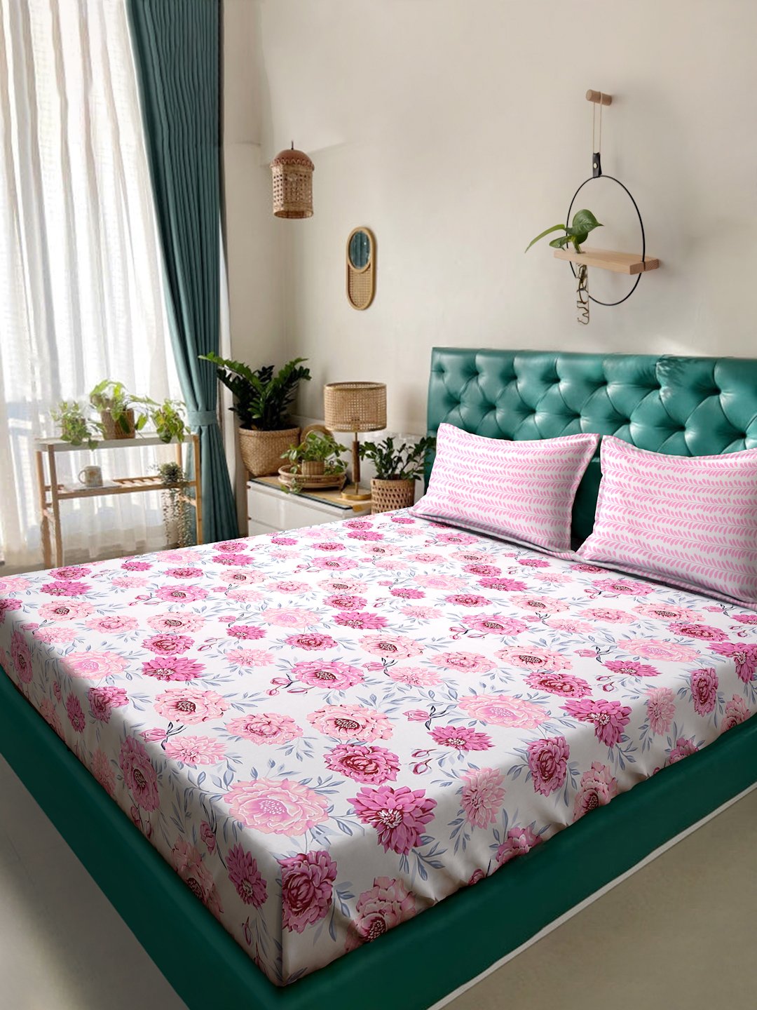 Pink Floral 300 TC Cotton Blend Double Bedsheet with 2 Pillow Covers