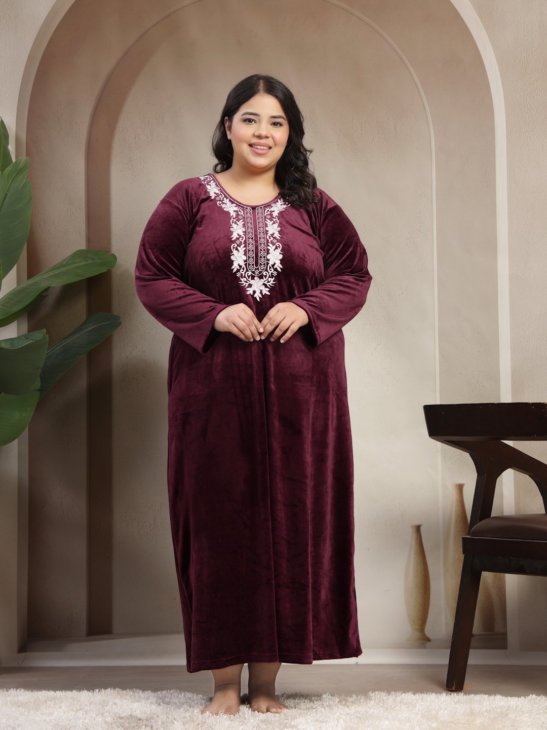 Klotthe Wine Solid Soft touch Velvet Maxi Nightdress
