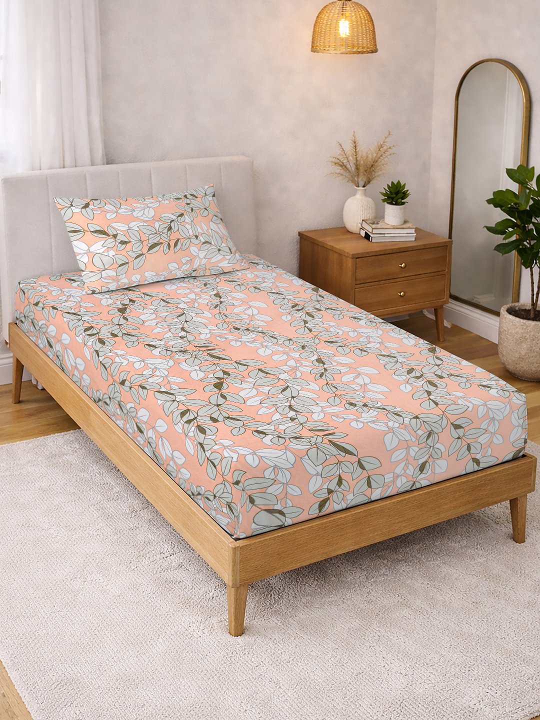 Orange Floral Cotton Blend Single Bedsheet with Pillow Cover