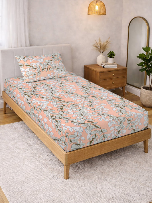 Orange Floral Cotton Blend Single Bedsheet with Pillow Cover