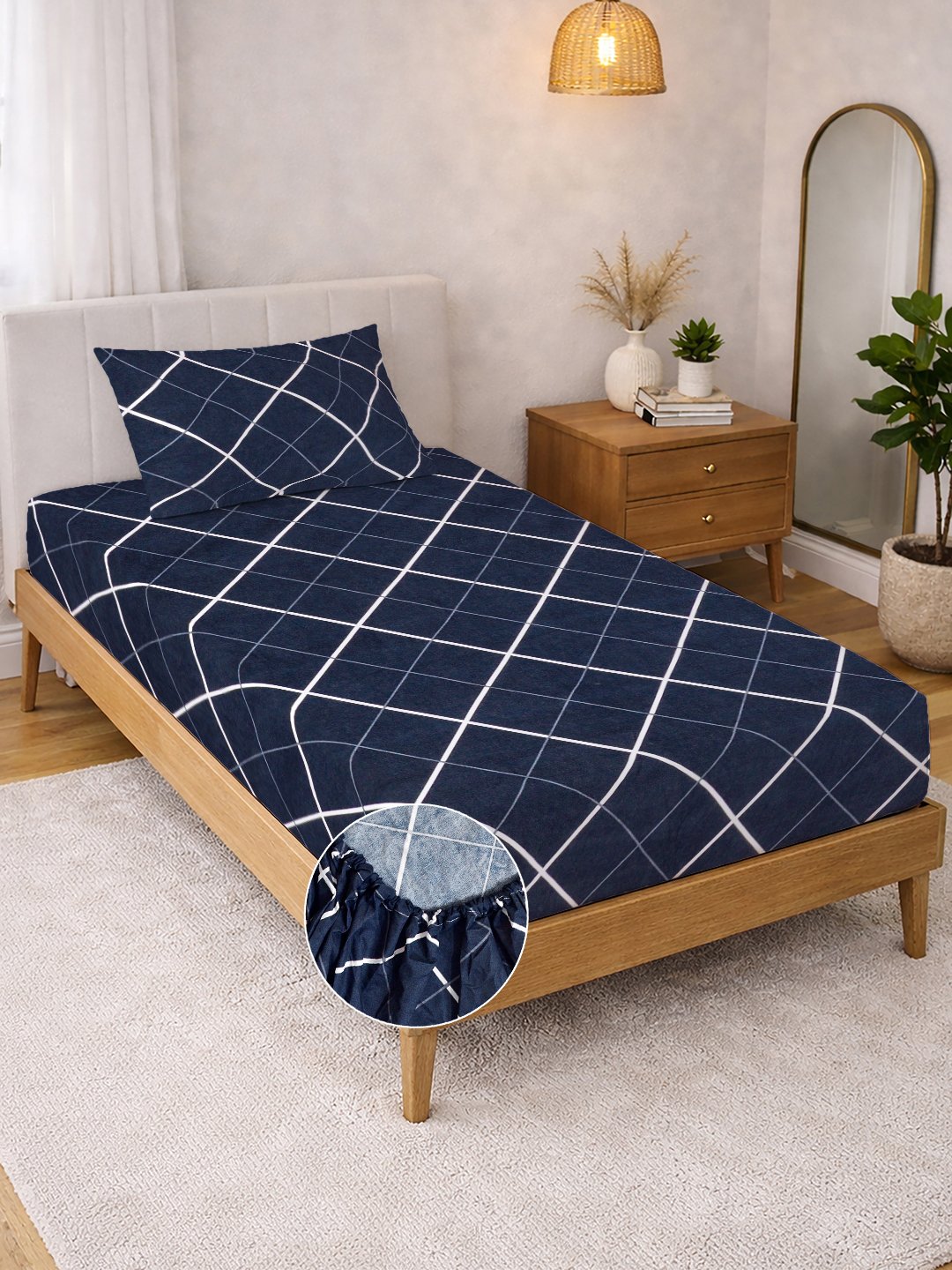 Blue Geometric Cotton Blend Fitted Single Bedsheet with Pillow Cover