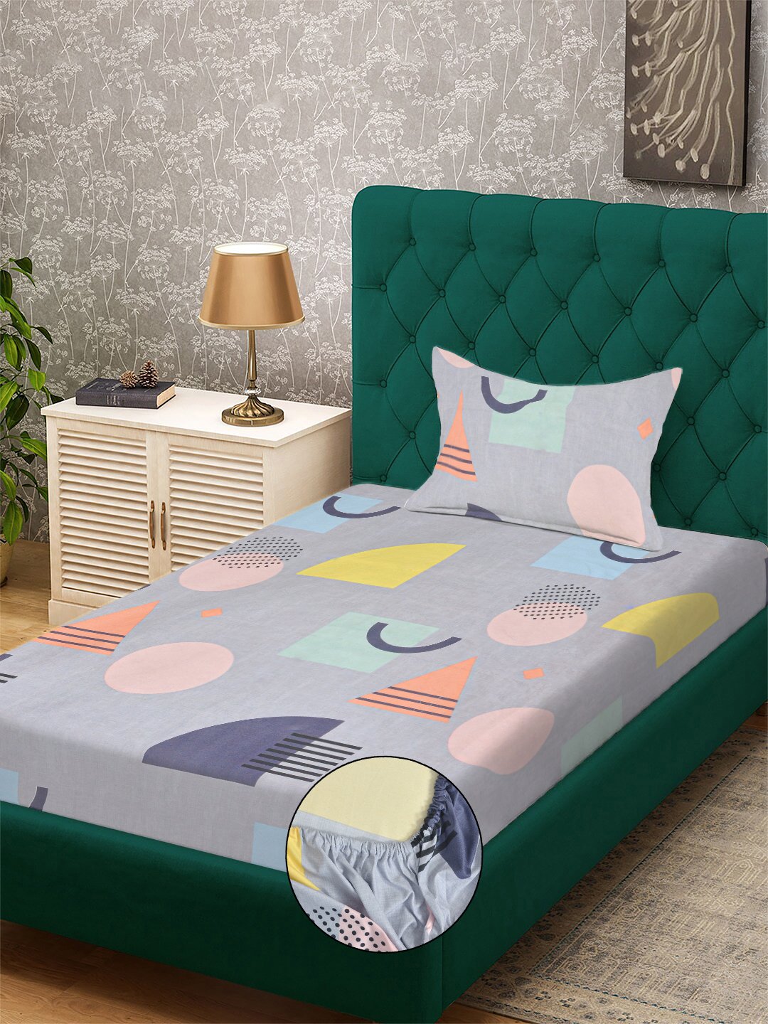 Grey Geometric 300 TC Cotton Blend Fitted Single Bedsheet with Pillow Cover