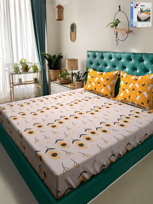 Klotthe Peach Floral 300 TC Cotton Blend Double Bedsheet in Book Fold Packing
