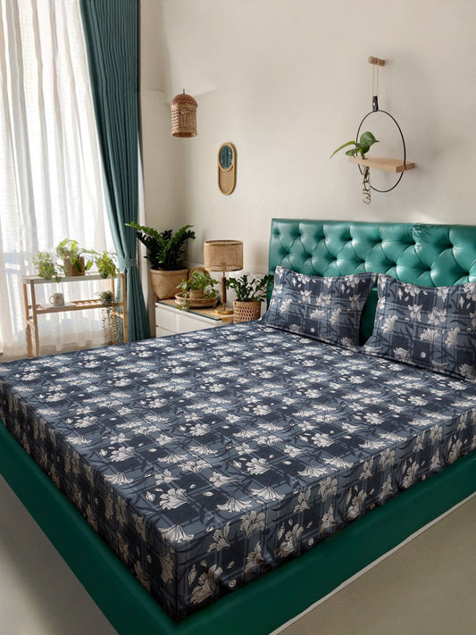 Grey Floral  300 TC Cotton Blend Double Bedsheet with 2 Pillow Covers