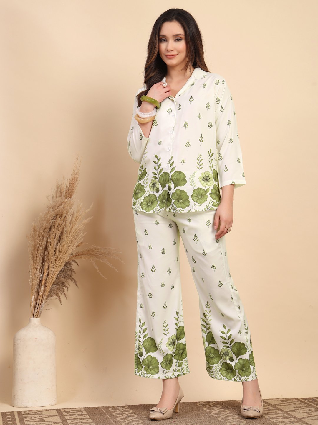 Cream Cotton Printed Shirt With Trousers Co-Ords Set