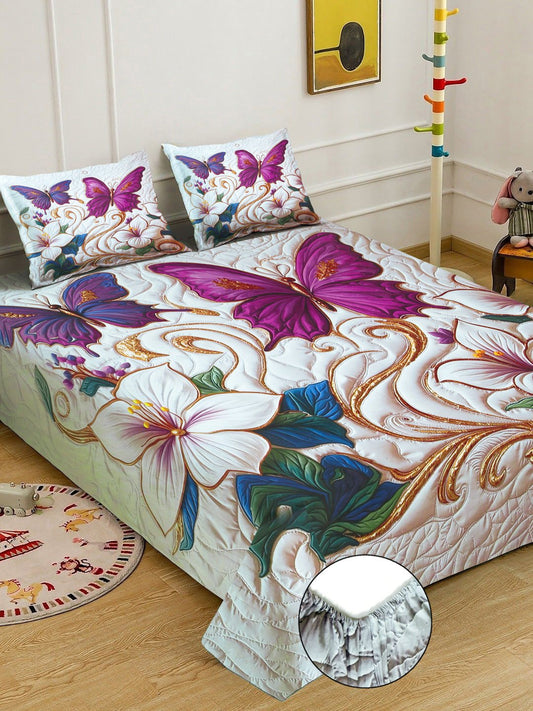 Multi Digital Floral Printed Cotton Blend Fitted Double Bedsheet with 2 Pillow Covers