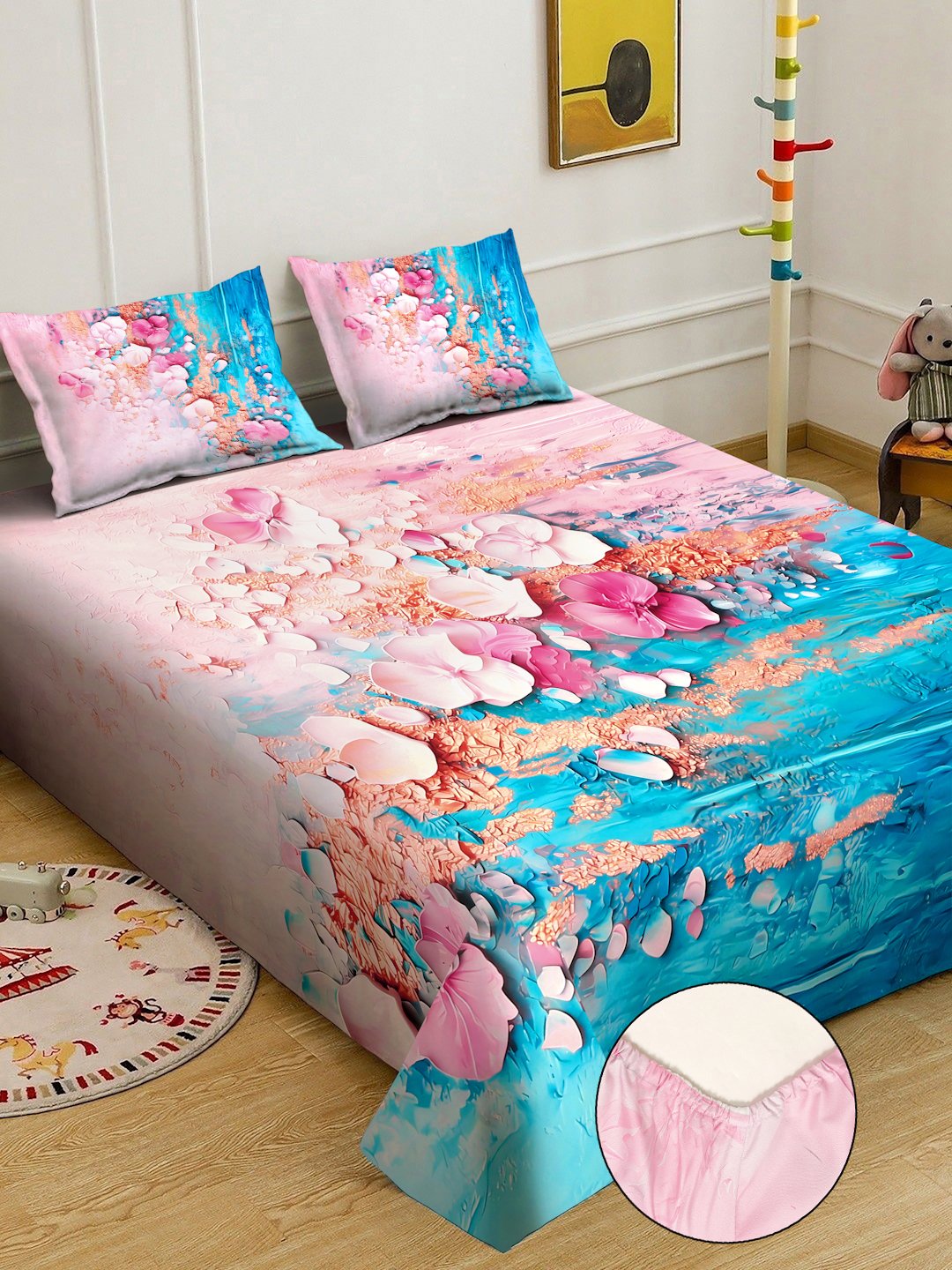Blue Digital Floral Printed Cotton Blend Fitted Double Bedsheet with 2 Pillow Covers