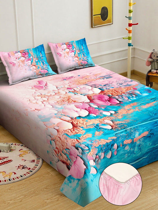 Blue Digital Floral Printed Cotton Blend Fitted Double Bedsheet with 2 Pillow Covers