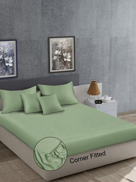 Olive Solid 400 TC Satin Fitted Super King Double Bedsheet with 2 Pillow Covers & 2 Cushion Covers