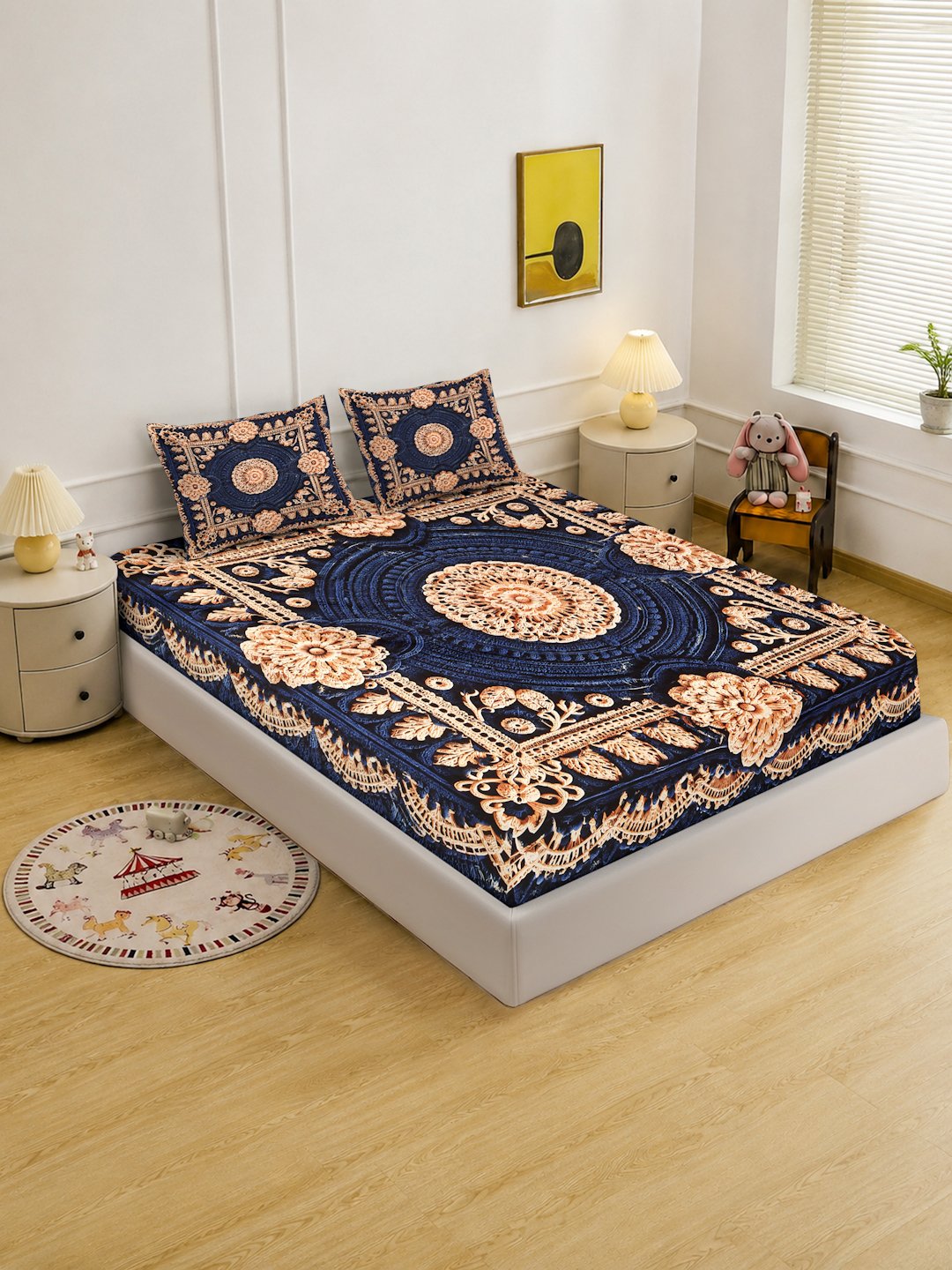 Digital Printed Blue Floral Cotton Blend Double Bedsheet with 2 Pillow Covers