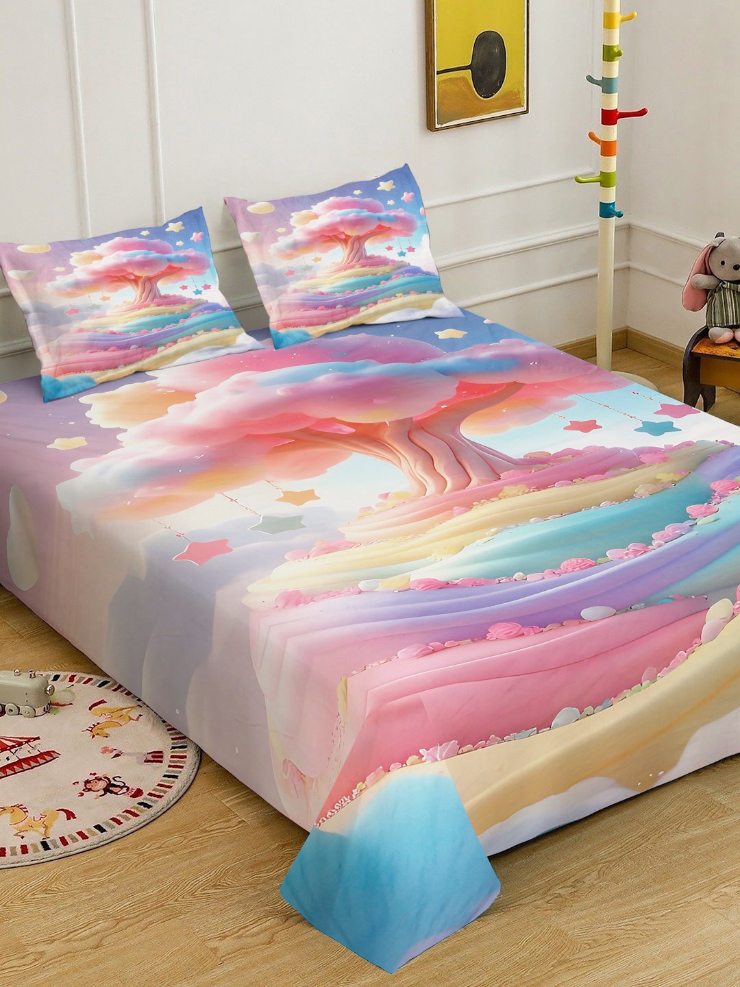 Multi 7D Floral Printed Cotton Blend Double Bedsheet with 2 Pillow Covers