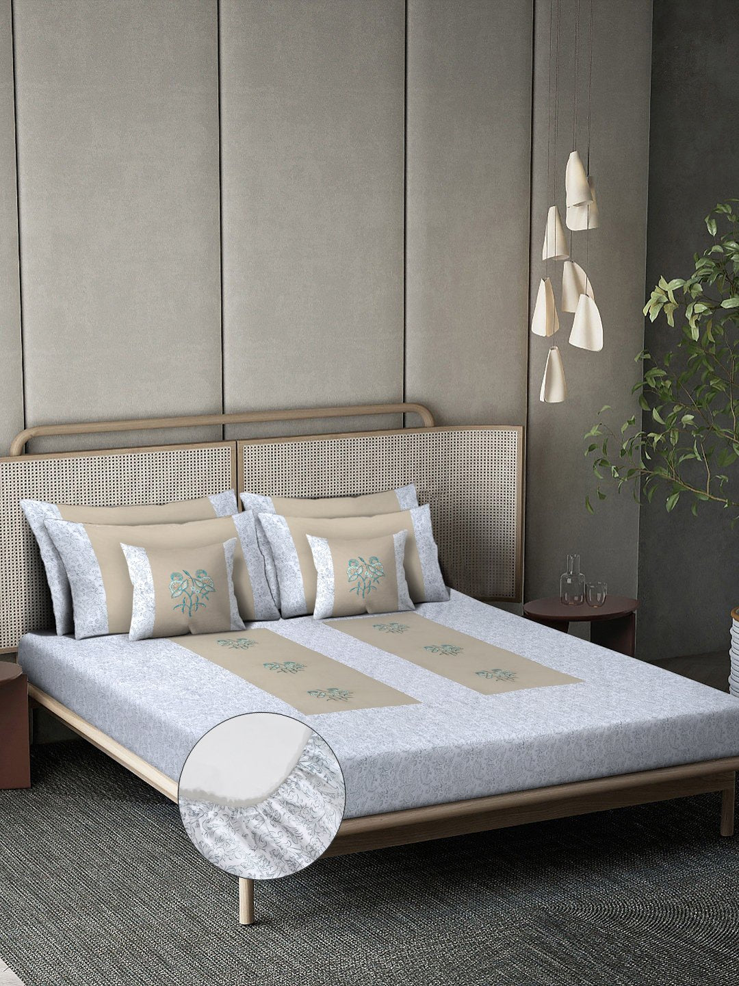 Beige Floral Embroidered 400 TC Cotton Fitted Double Bedsheet with 4 Pillow Covers & 2 Cushion Covers