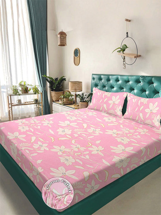 Pink Floral 300 TC Cotton Blend Fitted Double Bedsheet with 2 Pillow Covers