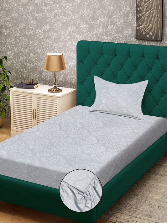 Grey Floral Embossed Cotton Blend Fitted Fitted Single Bedsheet with Pillow Cover