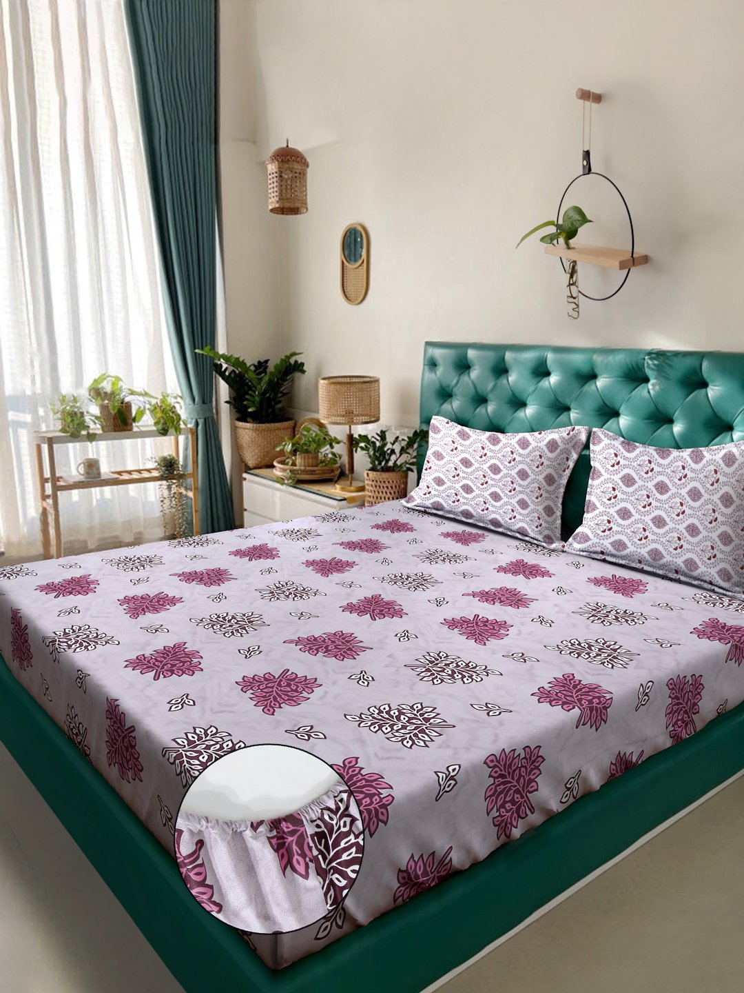 Purple Floral 400 TC Pure Cotton Fitted Double Bedsheet with 2 Pillow Covers